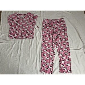 NEW HELLO KITTY PAJAMA SET BUTTON DOWN TOP & PANTS ELASTIC WAIST SIZE MEDIUM